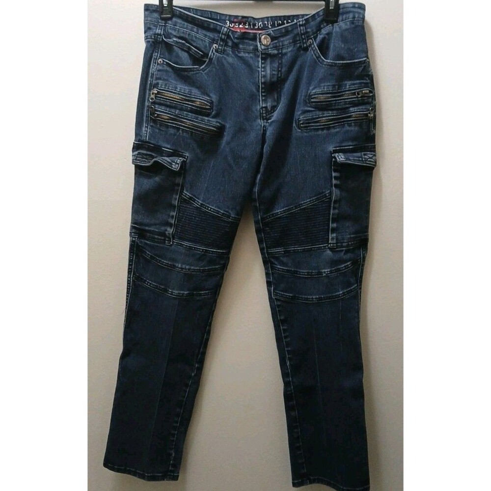 Denim House Mens Dark Wash Biker/Cargo Denim Jeans Zipper 32-32 *Rare*